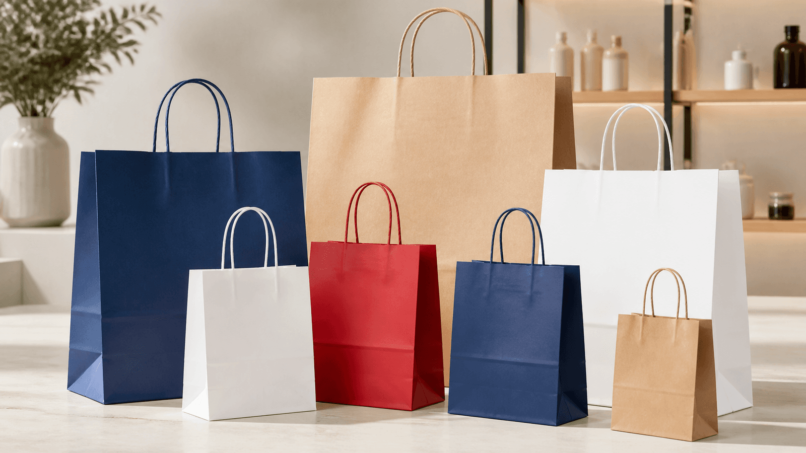Bộ túi giấy thương hiệu nhiều kích thước màu xanh trắng đỏ và Kraft